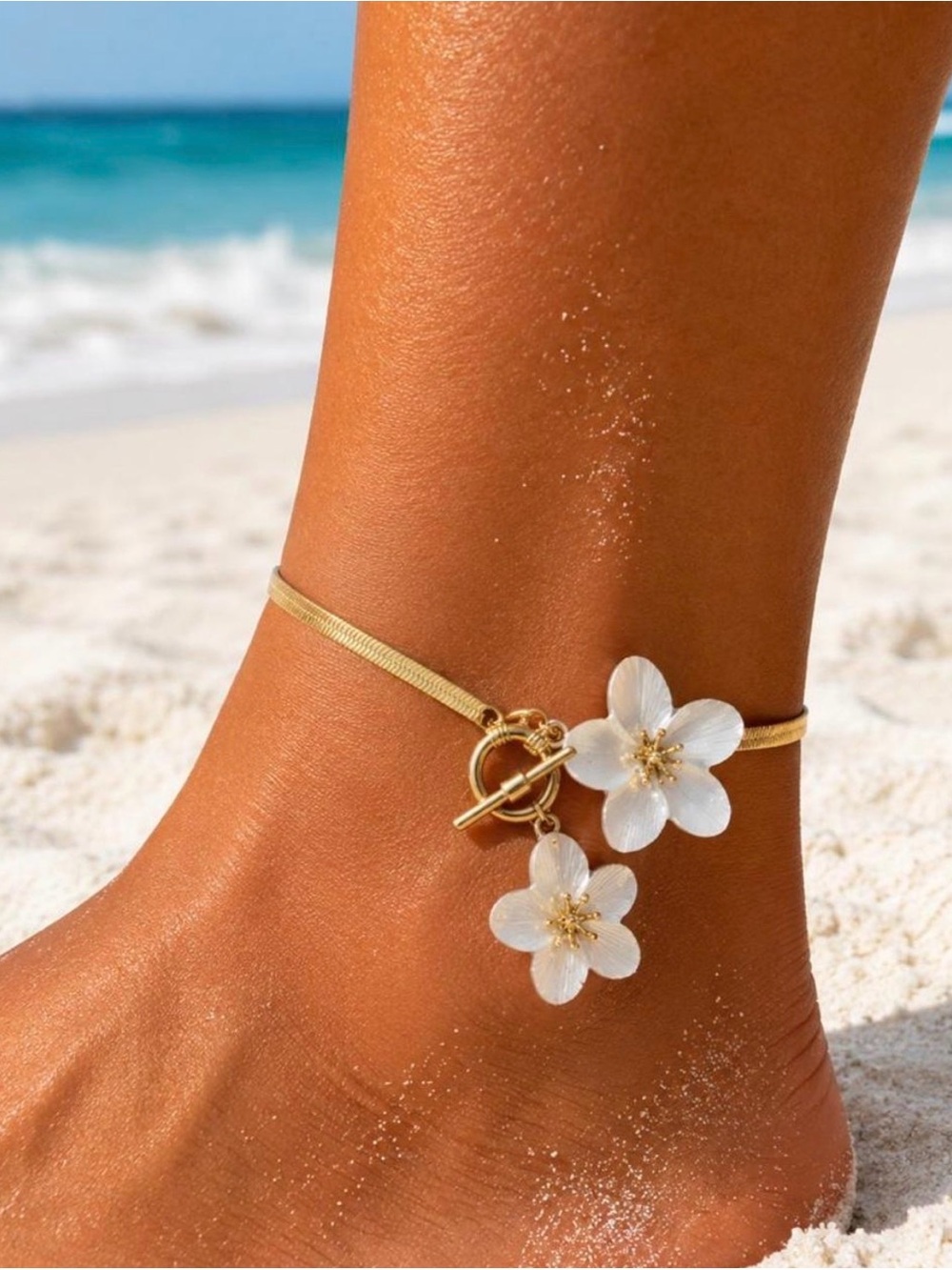 Gold Anklet with White Flower Charms - Women's Bracelet